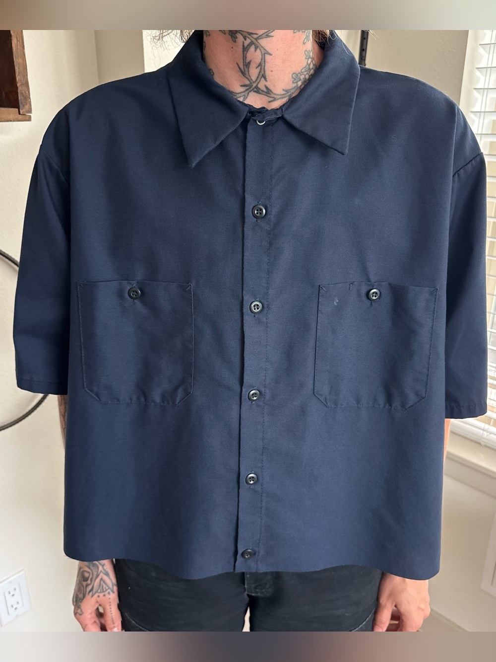 Vintage 90s 2000s Red Kap Navy Blue Cropped Button Down Work Shirt ~ Size XL